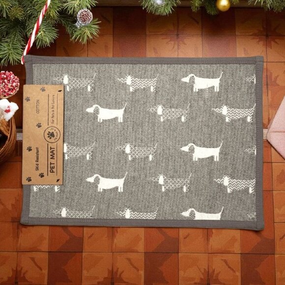 Dog Pet Feeding Mat 13x19" Gray White Non Slip Cotton Food Water Bowl Placemat - Picture 1 of 7